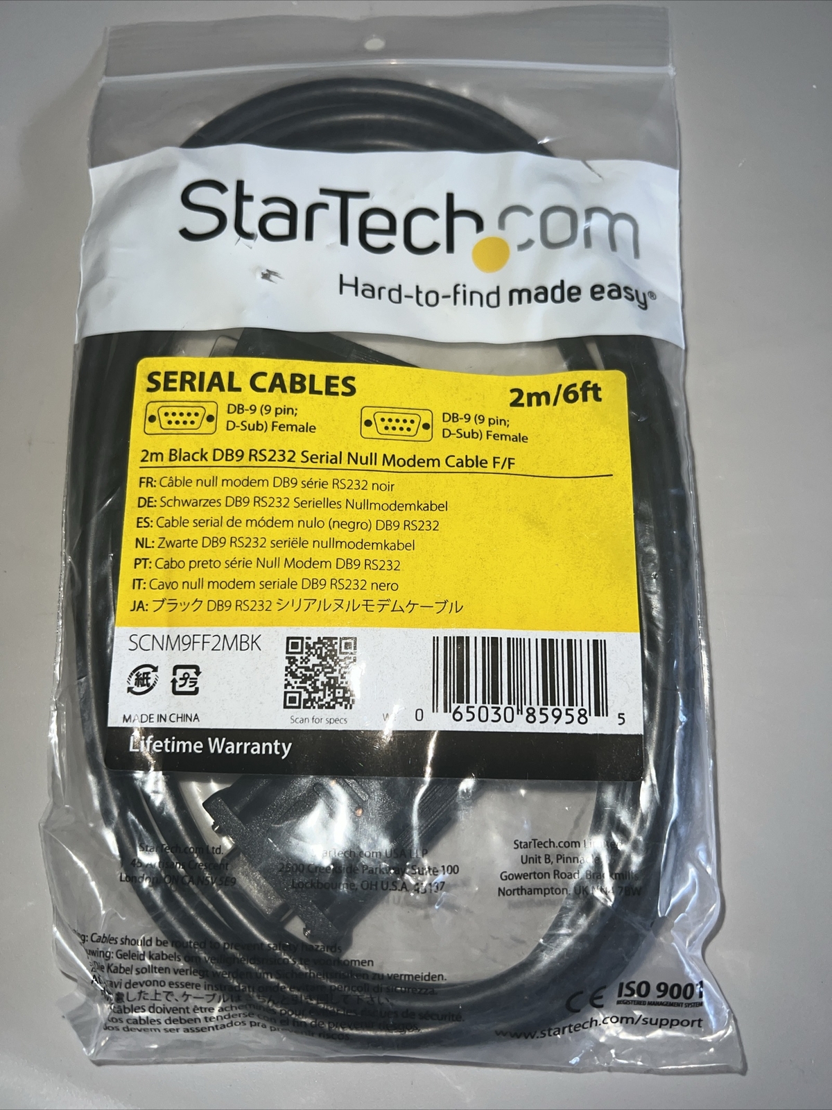 StarTech.com 2m Black DB9 RS232 Serial Null Modem Cable F/F SCNM9FF2MBK  New