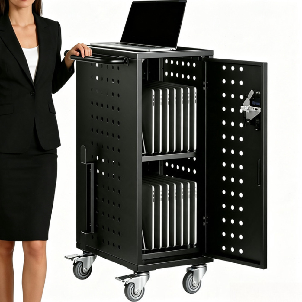 16 Device Laptop Charging Cart Lockable 15.6in Rolling Storage Classroom Office