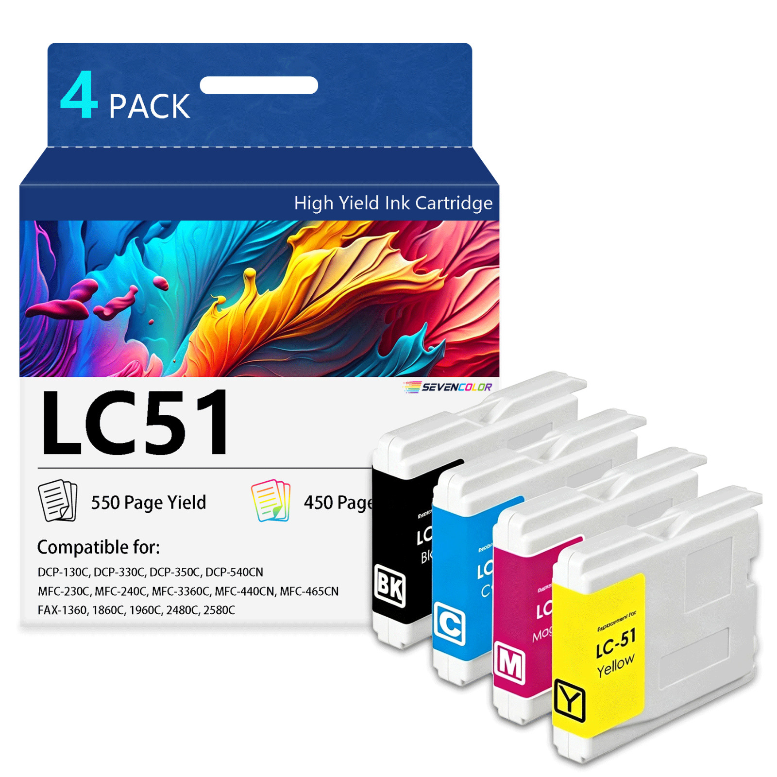 LC51 Ink Cartridges 4-Pack (LC51BK LC51C LC51M LC51Y) - Work with MFC-5460CN