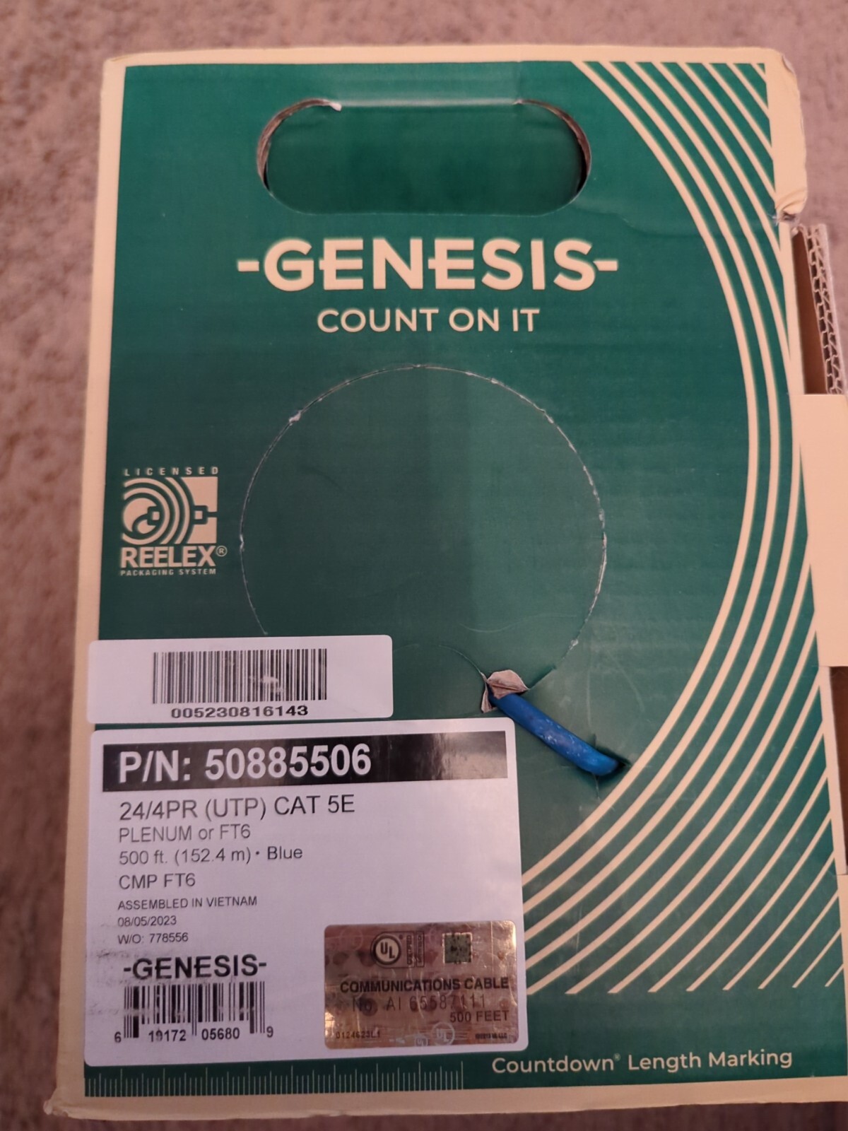 GENESIS 24/4PR CAT 5E Bulk Solid Wire UTP PLENUM BLUE 500ft/ 50885506