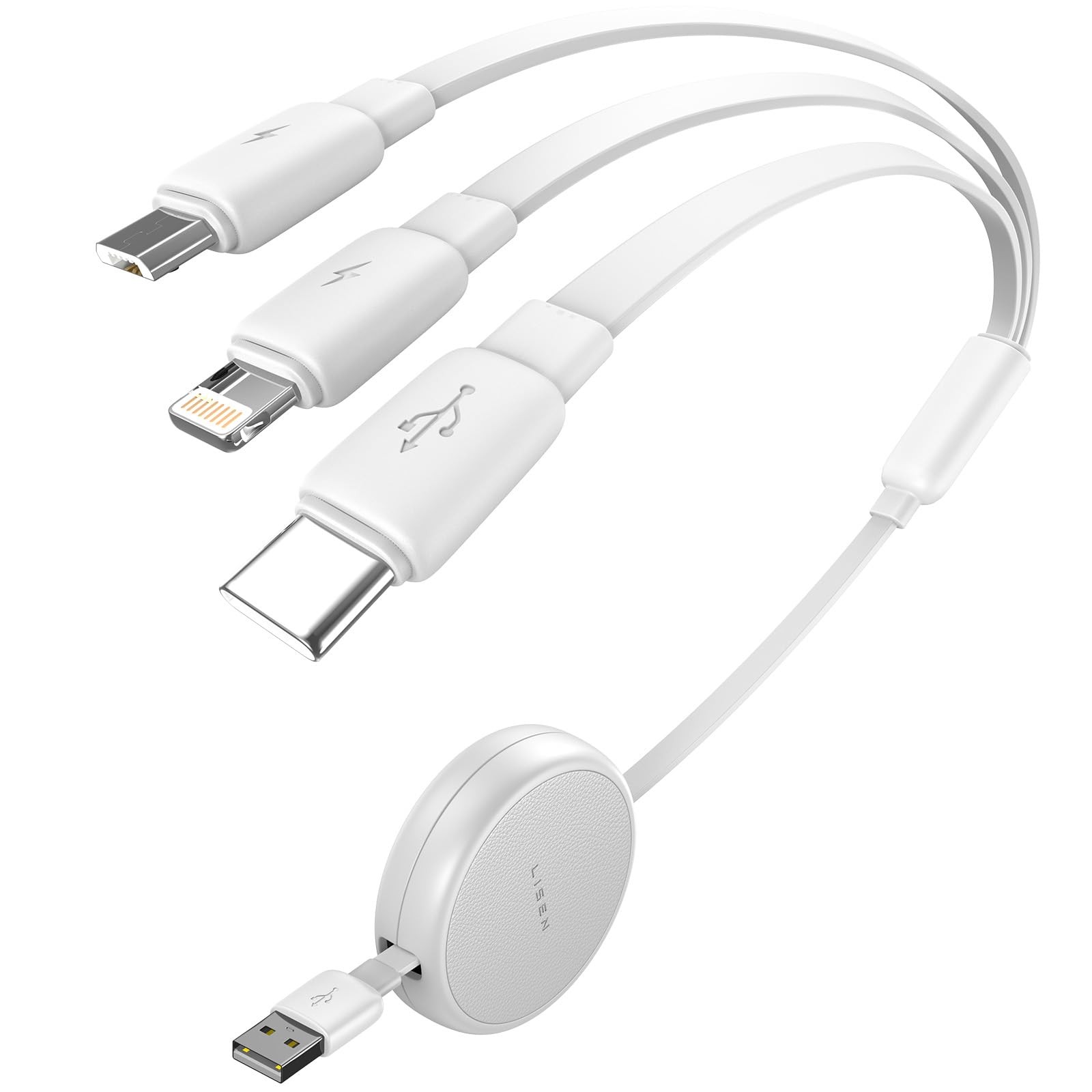 LISEN Multi Charging Cable, 3 in 1 Retractable Small, White