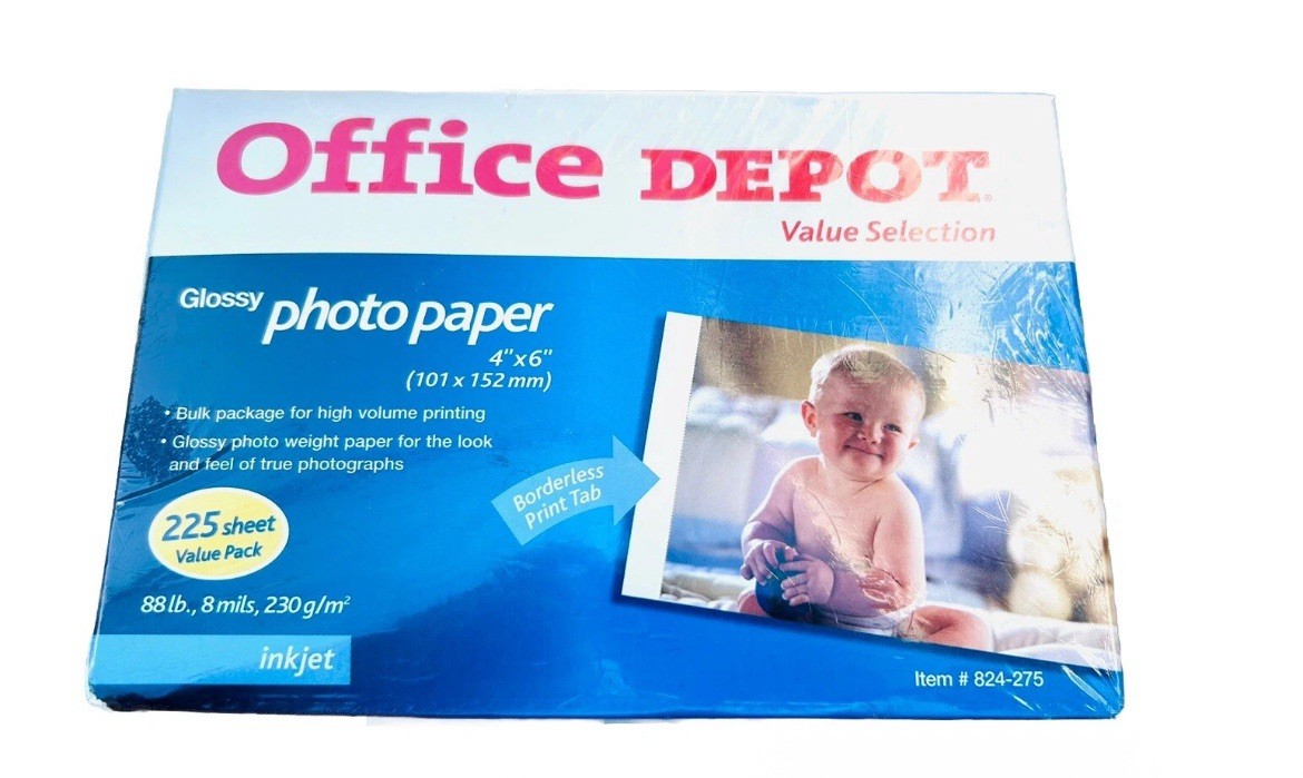 Office Depot-Glossy Value Select Photo Paper 225 4X6 Sheets Inkjet New 8mm Thick