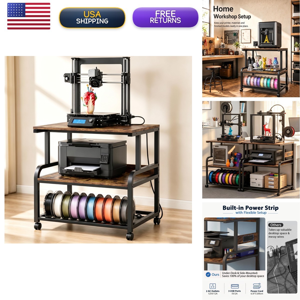 Homieasy 3D Printer Stand with Power Outlet 23.6" x 23.6" Rustic Brown