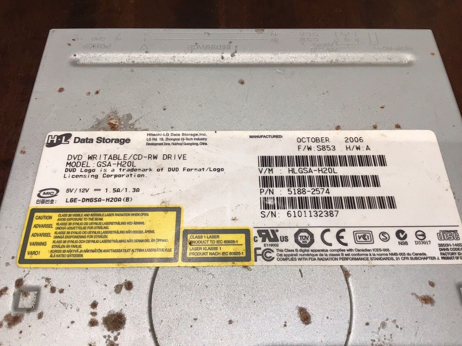 Hitachi-lg DVD Writable/CD-RW Drive Model GSA-H20L