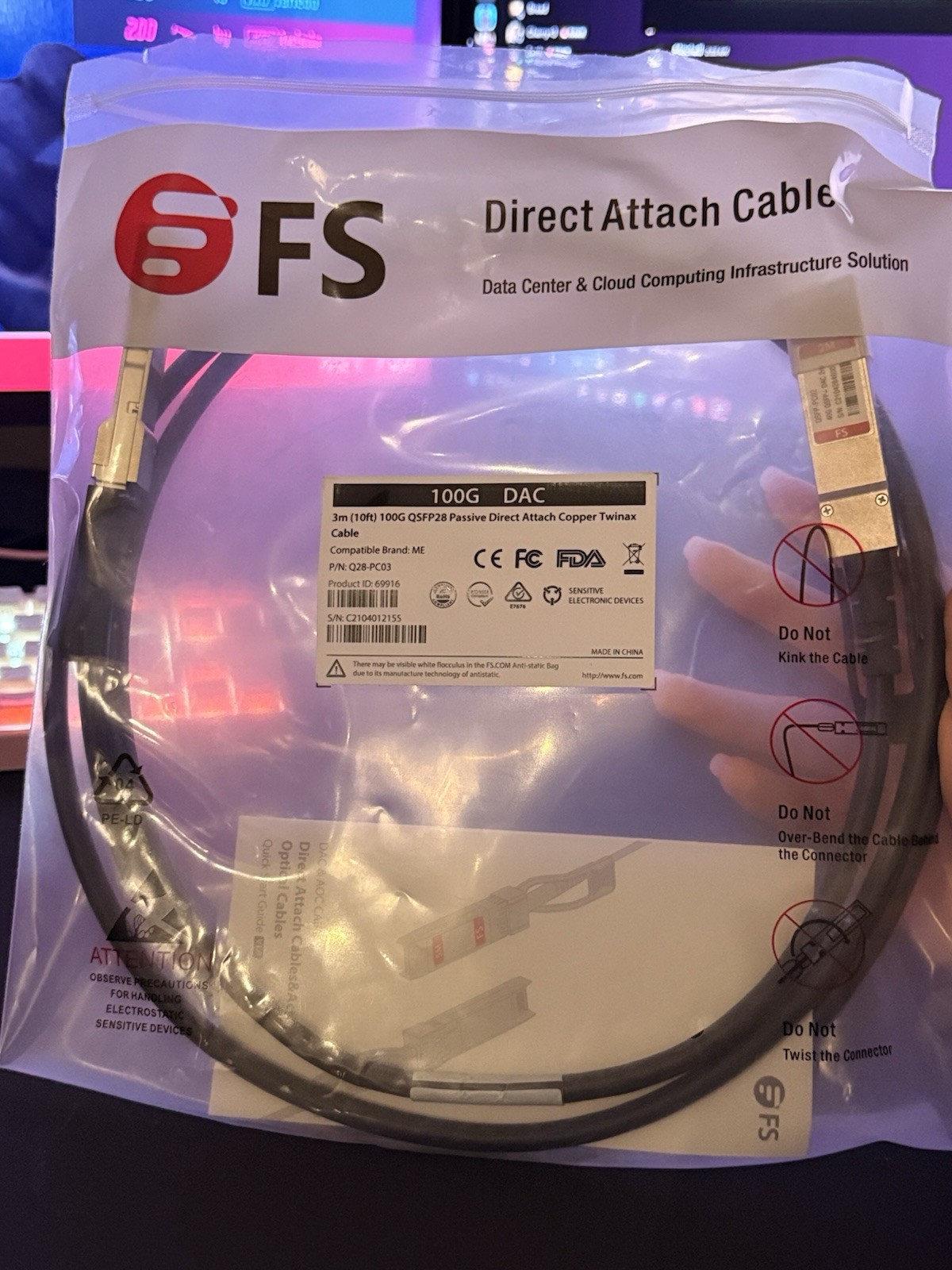 FS Q28-PC03 100G QSFP28 DAC Cable 3m 10ft Passive Direct Attach Copper Twinax ME