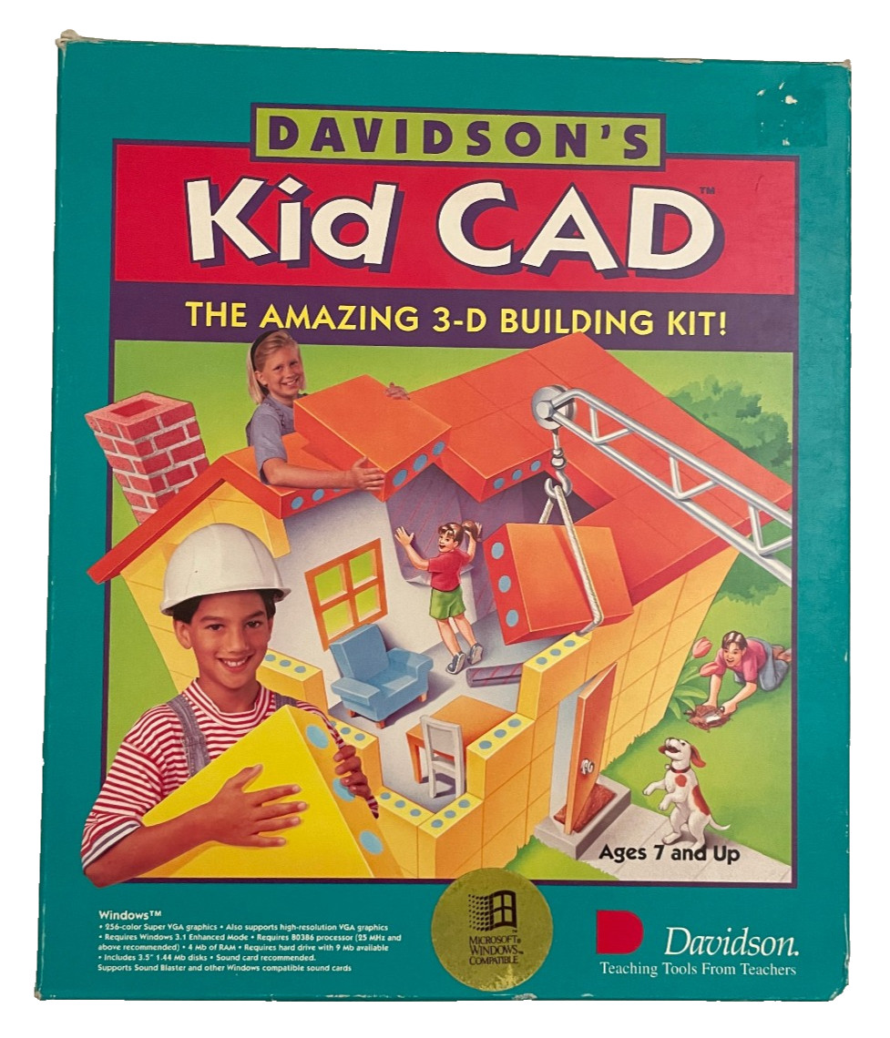 Vintage Davidson's Kid Cad 3-D Building Kit Software 3.5" Floppy Disks + Manual