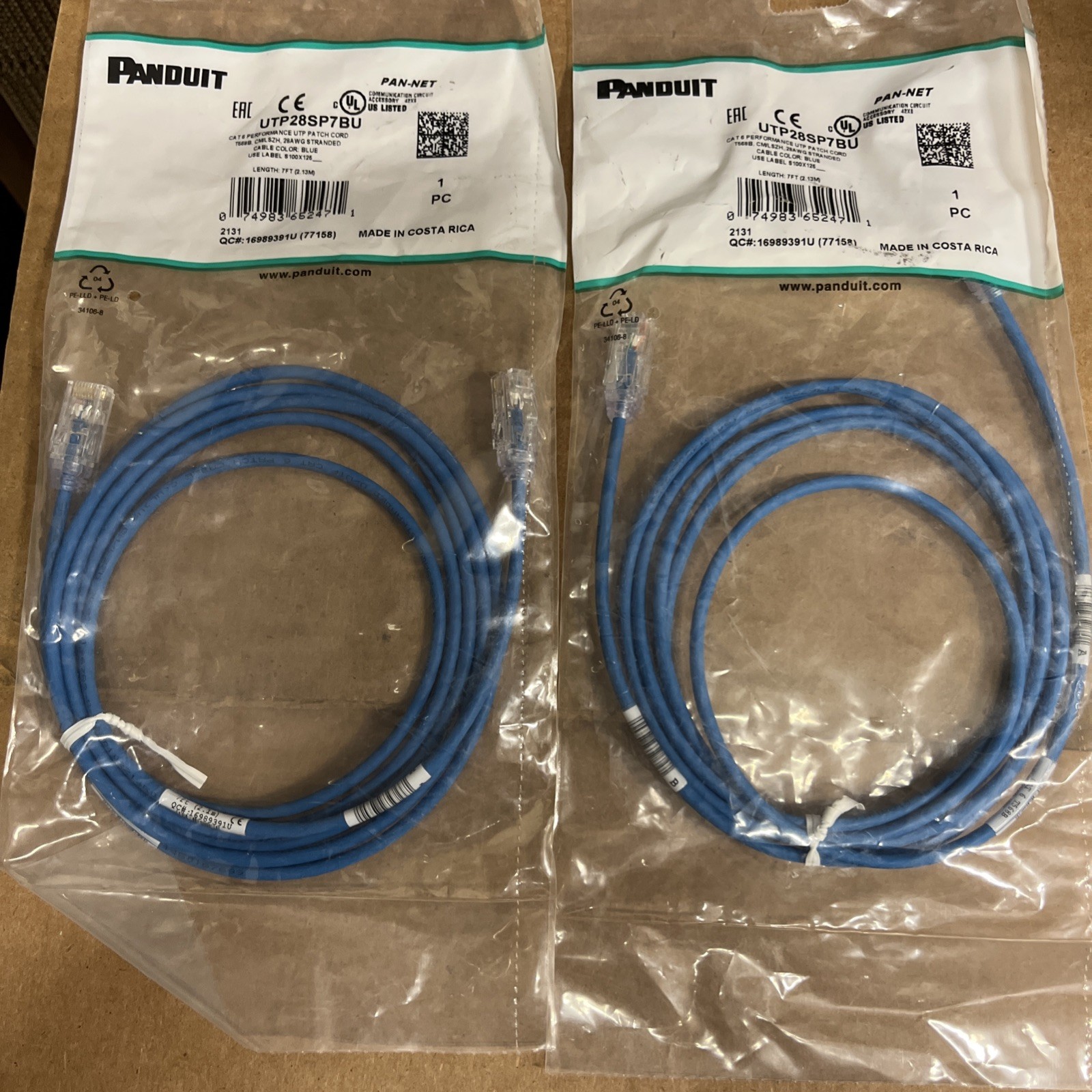 2-Pack Of Panduit UTP28SP7BU Cat6 28 AWG Network Patch Cable/Cord, 7 Ft Blue NEW