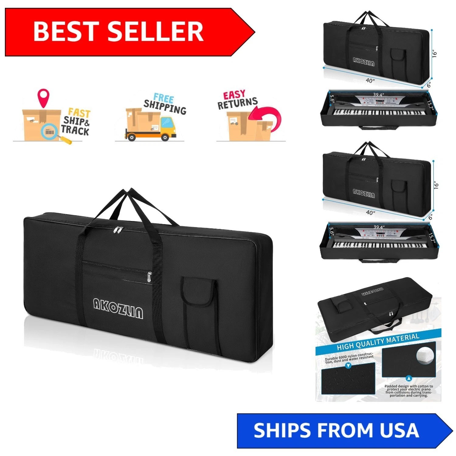 61-Key Water-Resistant Keyboard Case - Padded Gig Bag with Straps