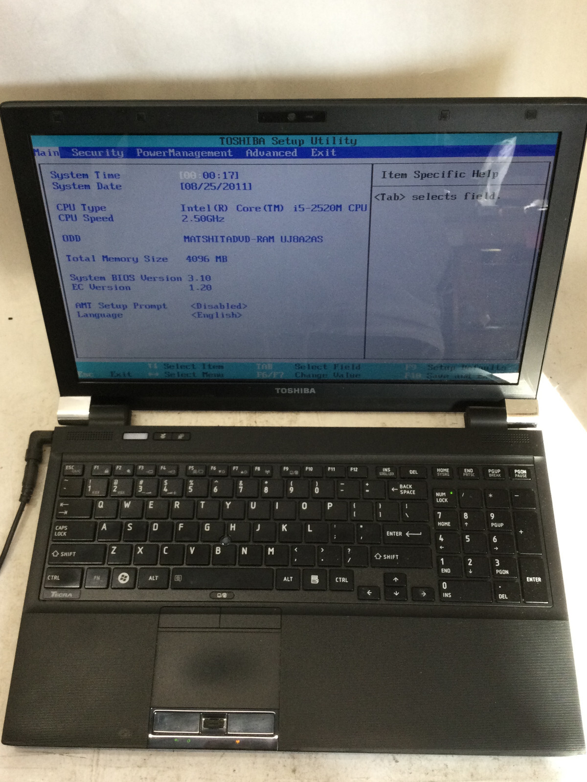 TOSHIBA TECRA R850-S8522 - BOOTS TO BIOS - INTEL I5 2520M - NO RAM -READ DESC-BB
