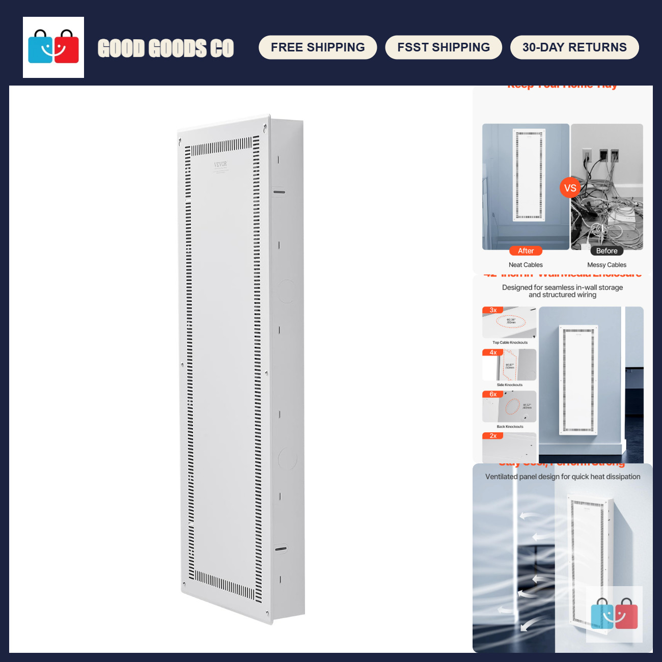 42" Recessed In-Wall Media Box, Wall-Mount Cable Management Kit, Steel Cabinet