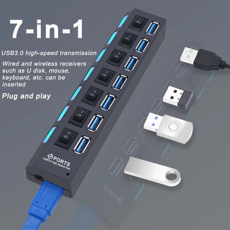 7 Port USB 2.0 / 3.0 Hub Splitter Adapter High Speed For PC Laptop Mac Desktop