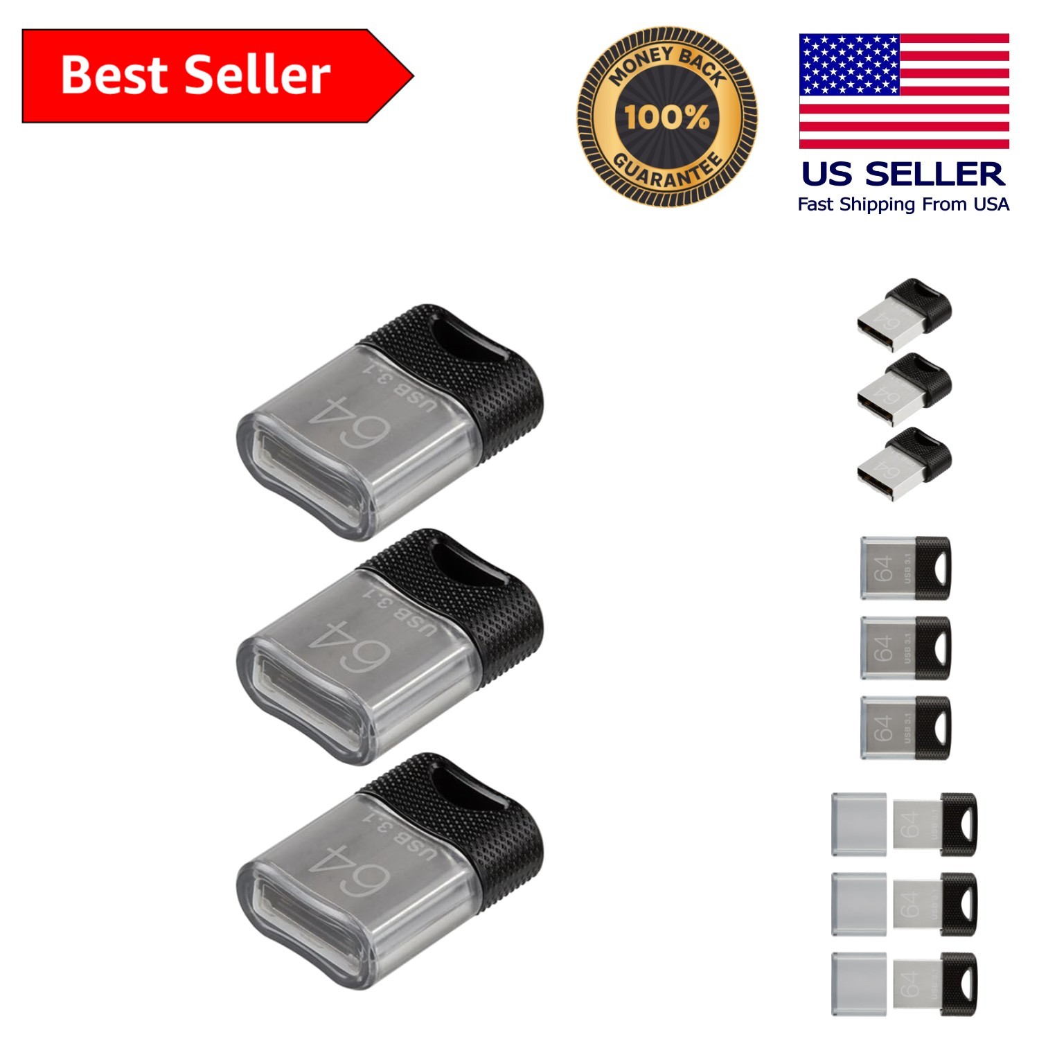 Elite-X Fit USB 3.1 Flash Drive 64GB – Ultra Compact, 200MB/s Read - 3-Piece Set