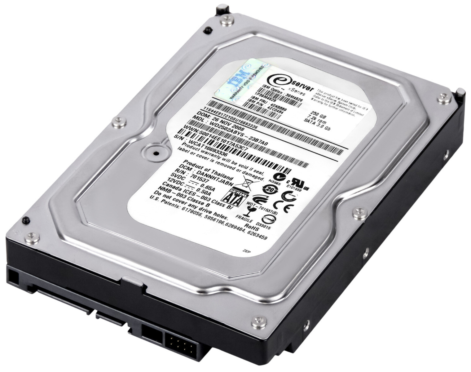 HARD DRIVE IBM 40K6889 42C0484 WD2502ABYS-23B7A0 250GB 7.2K 16MB SATA II 3.5'' 