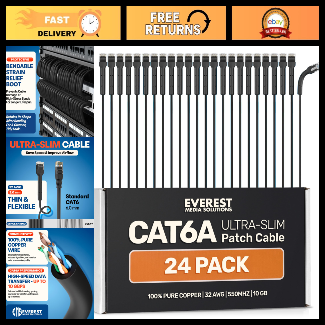 Ultra Slim Cat6a Ethernet Patch Cables 3ft - 24-Pack, High-Speed Network Cables,