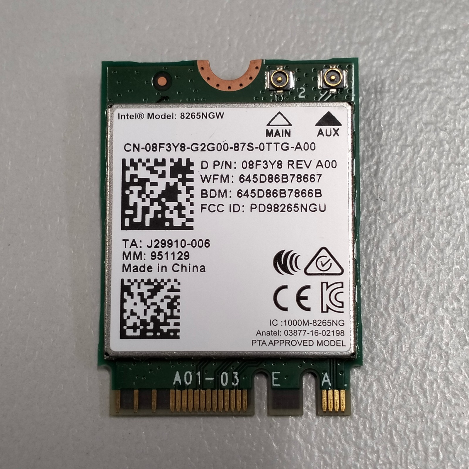 Genuine Intel Wireless-AC 8265 M.2 2230 802.11ac WiFi Card 8265NGW 08F3Y8