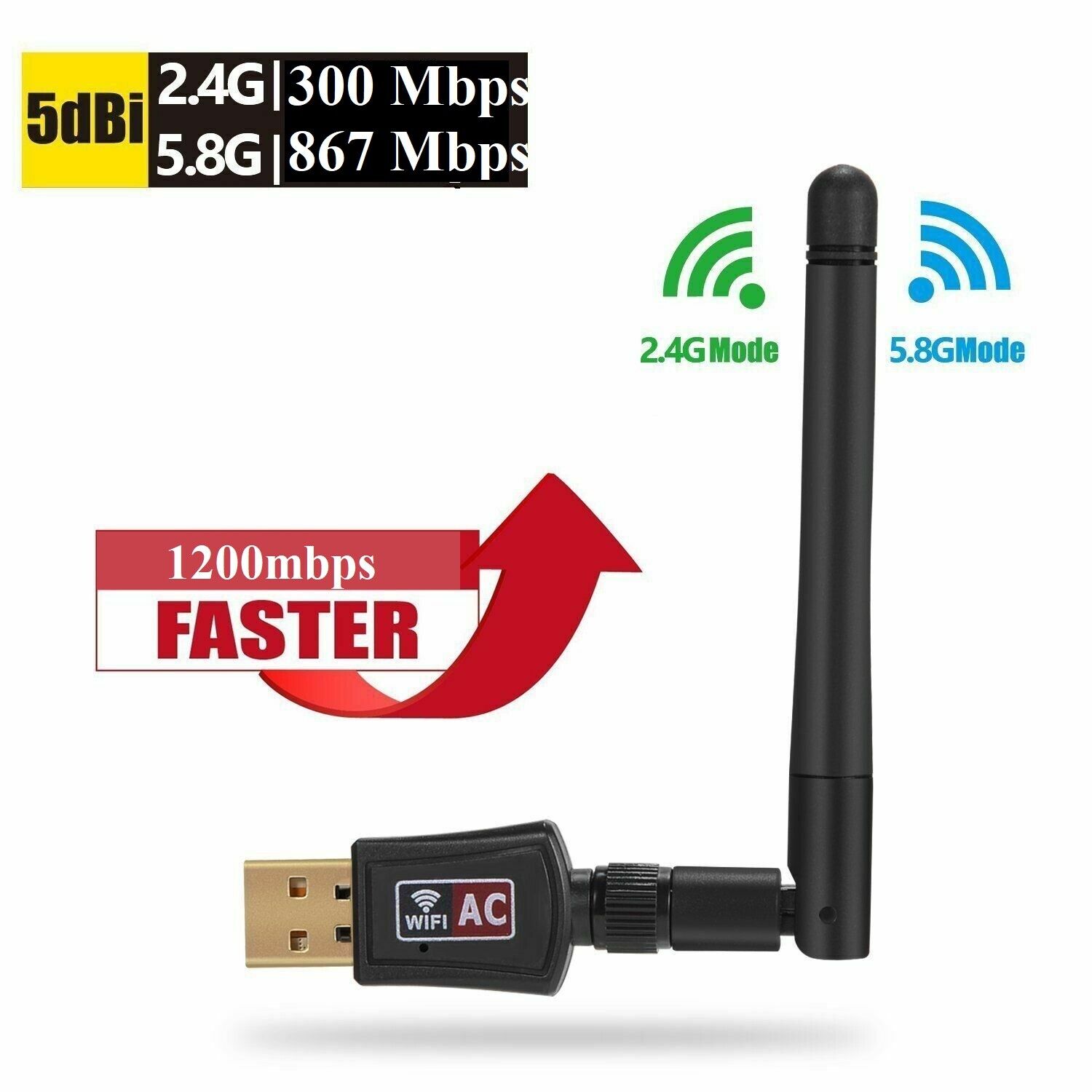 AC1200 Mbps Dual Band 2.4/5Ghz Wireless USB WiFi Network Adapter Antenna 802.11