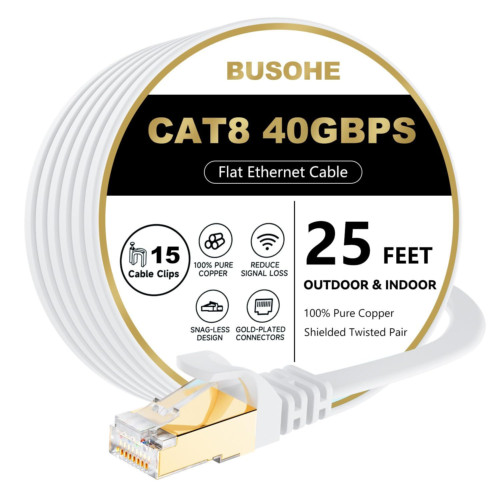 BUSOHE Cat 8 Ethernet Cable 25 FT, 40Gbps 2000Mhz High Speed Flat Cat8 25FT