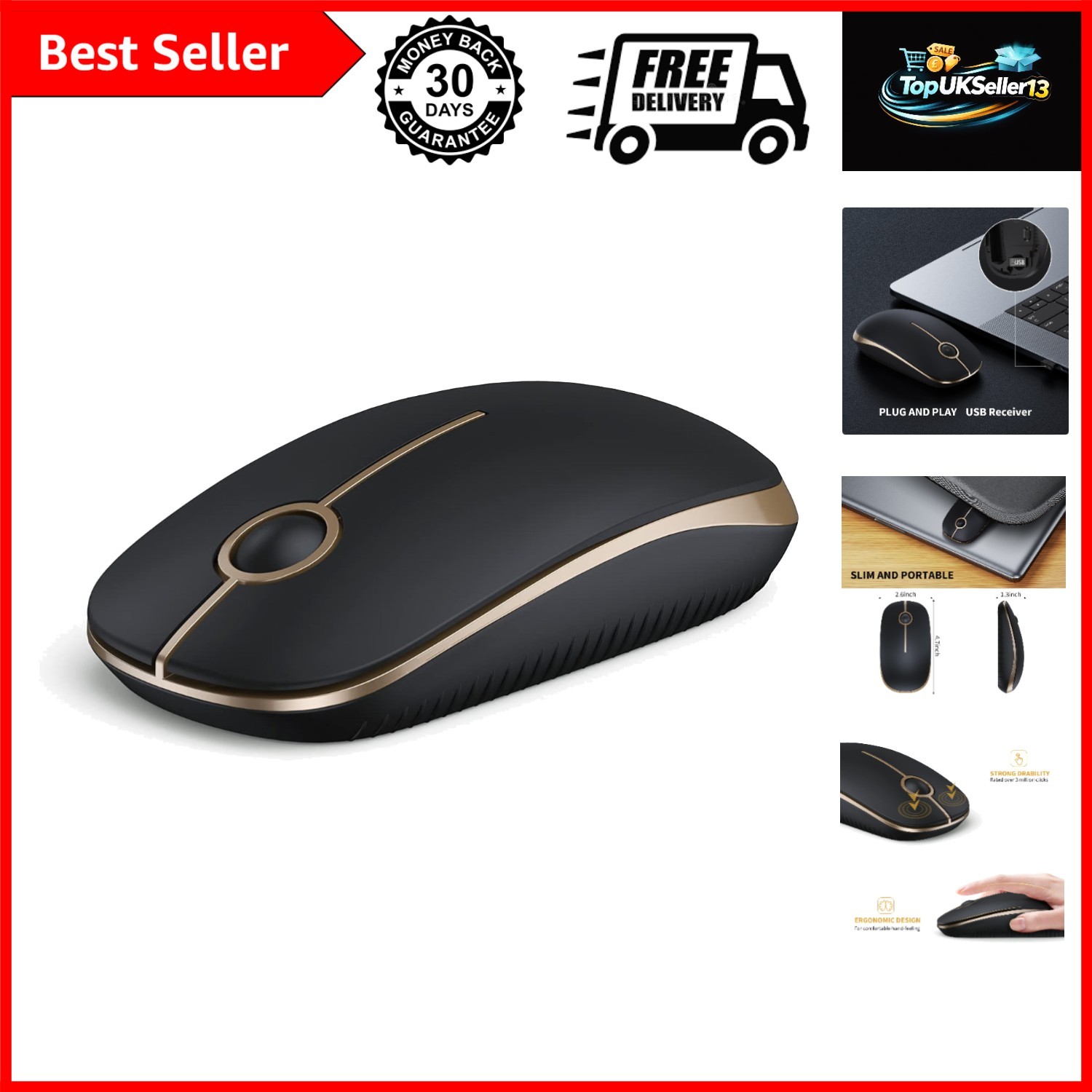 Wireless Mouse, 2.4G Slim Computer Laptop Mouse, Black and Gold