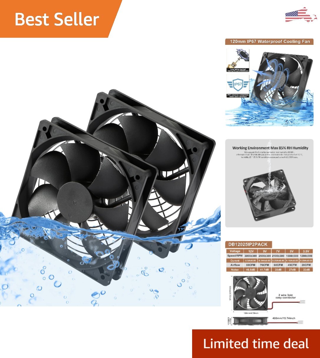 Durable 12V DC Fan - 120mm - 2-Pack - RV Fridge, Computer PC, Greenhouse