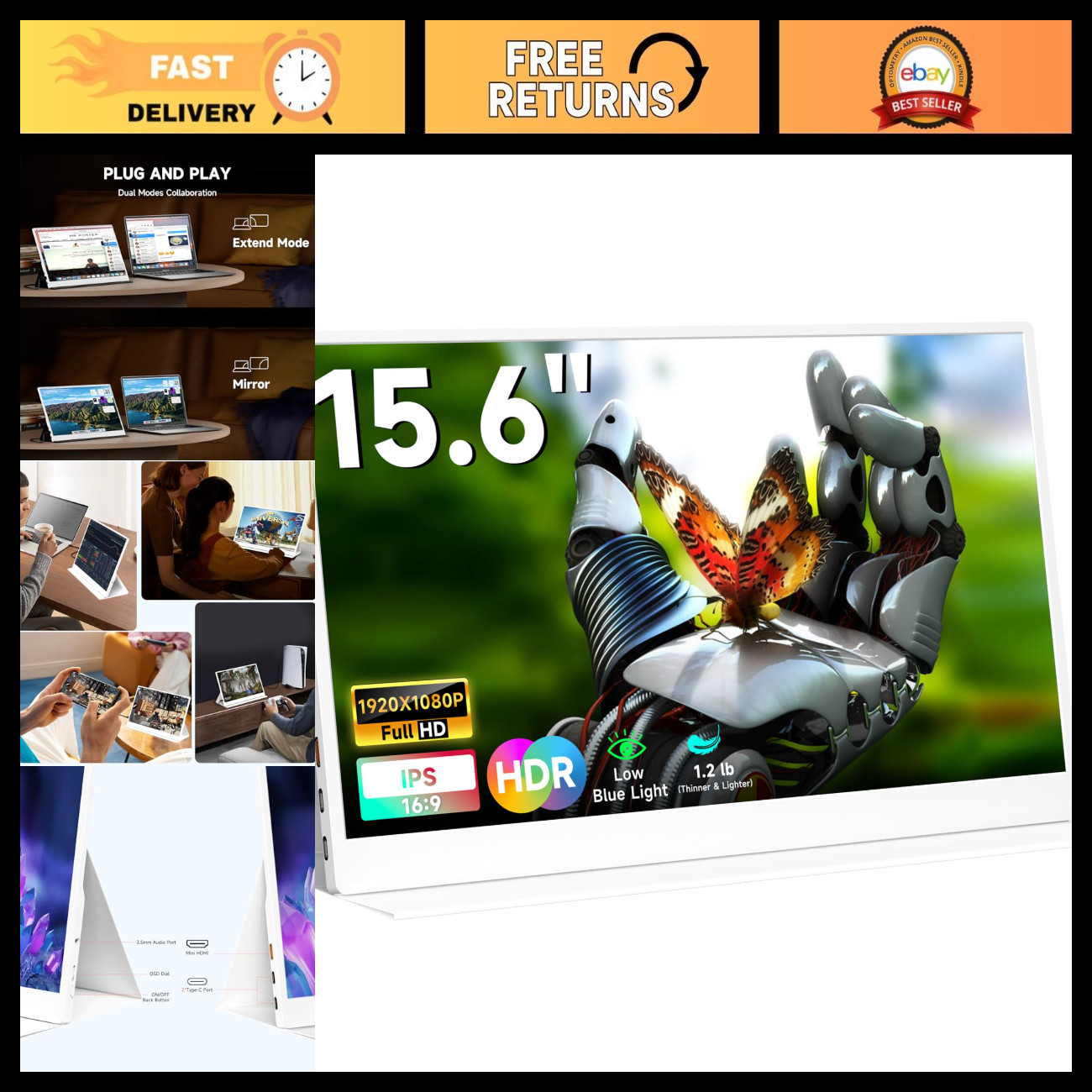 15.6" FHD Portable Monitor - USB-C HDMI, 100% sRGB, Ultra-Thin Travel Screen for