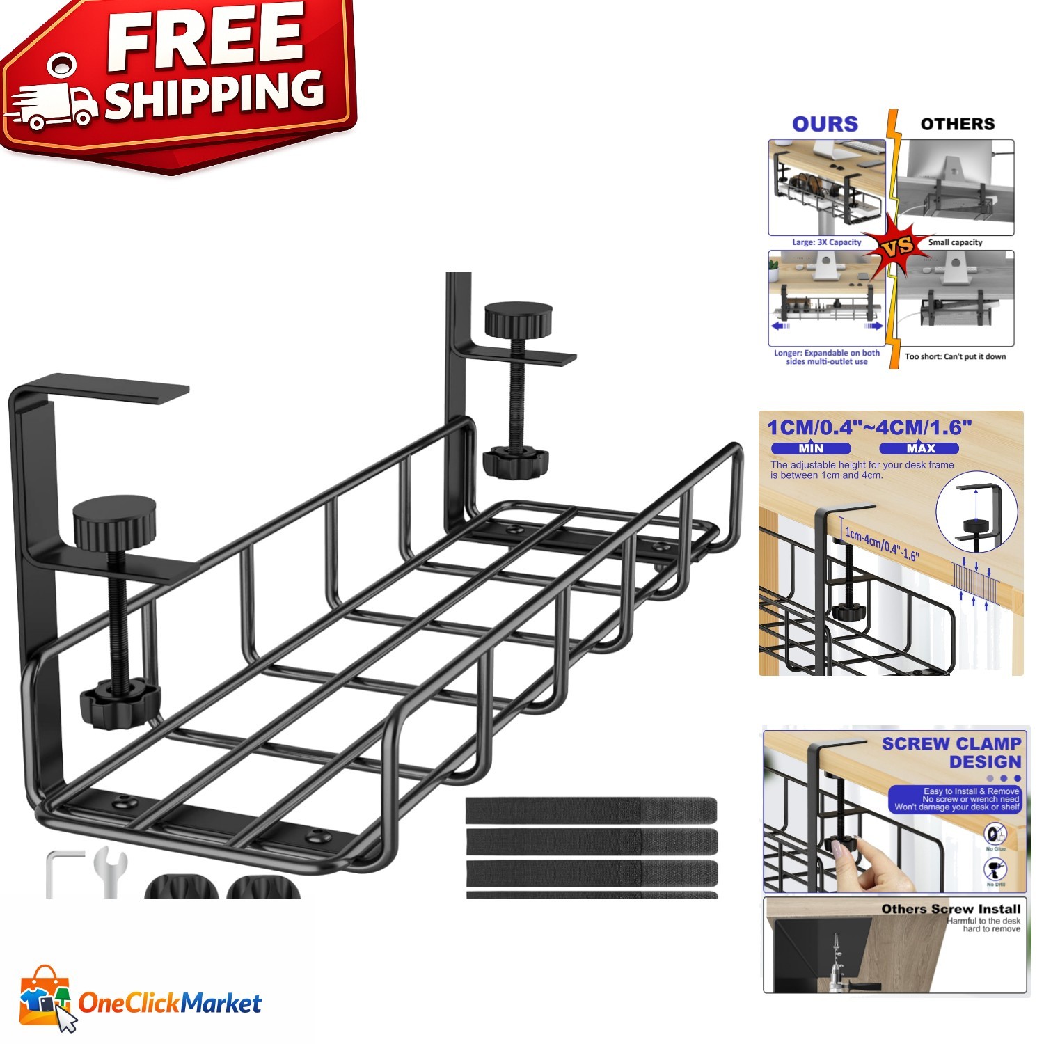 Extra Large Under Desk Cable Organizer - 15.7” Flexible Clamp Design, No Drill