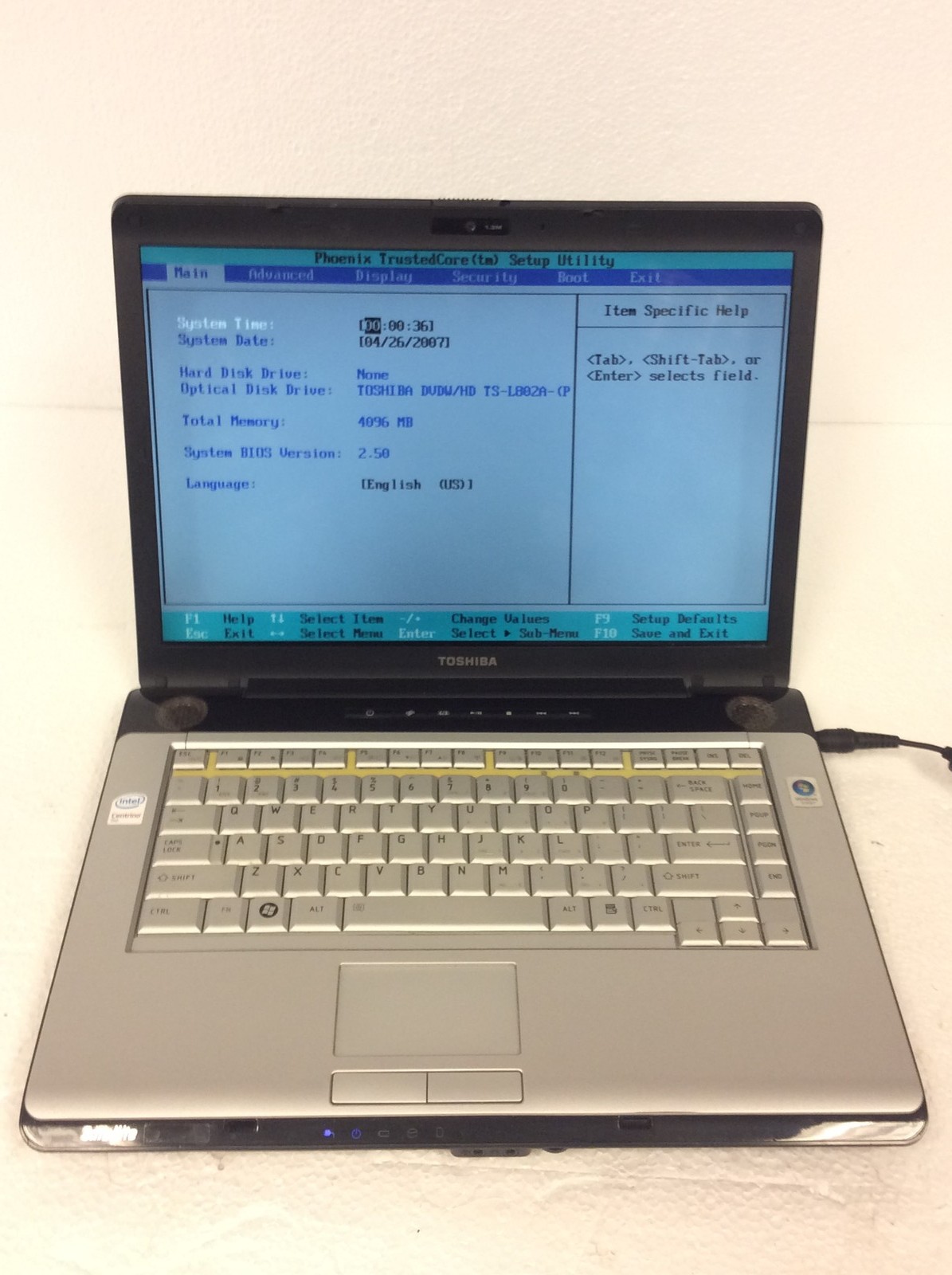 Toshiba Satellite A205-S7468 15" Laptop Core 2 Duo T5250 1.50Ghz w/4Gb Ram,No HD