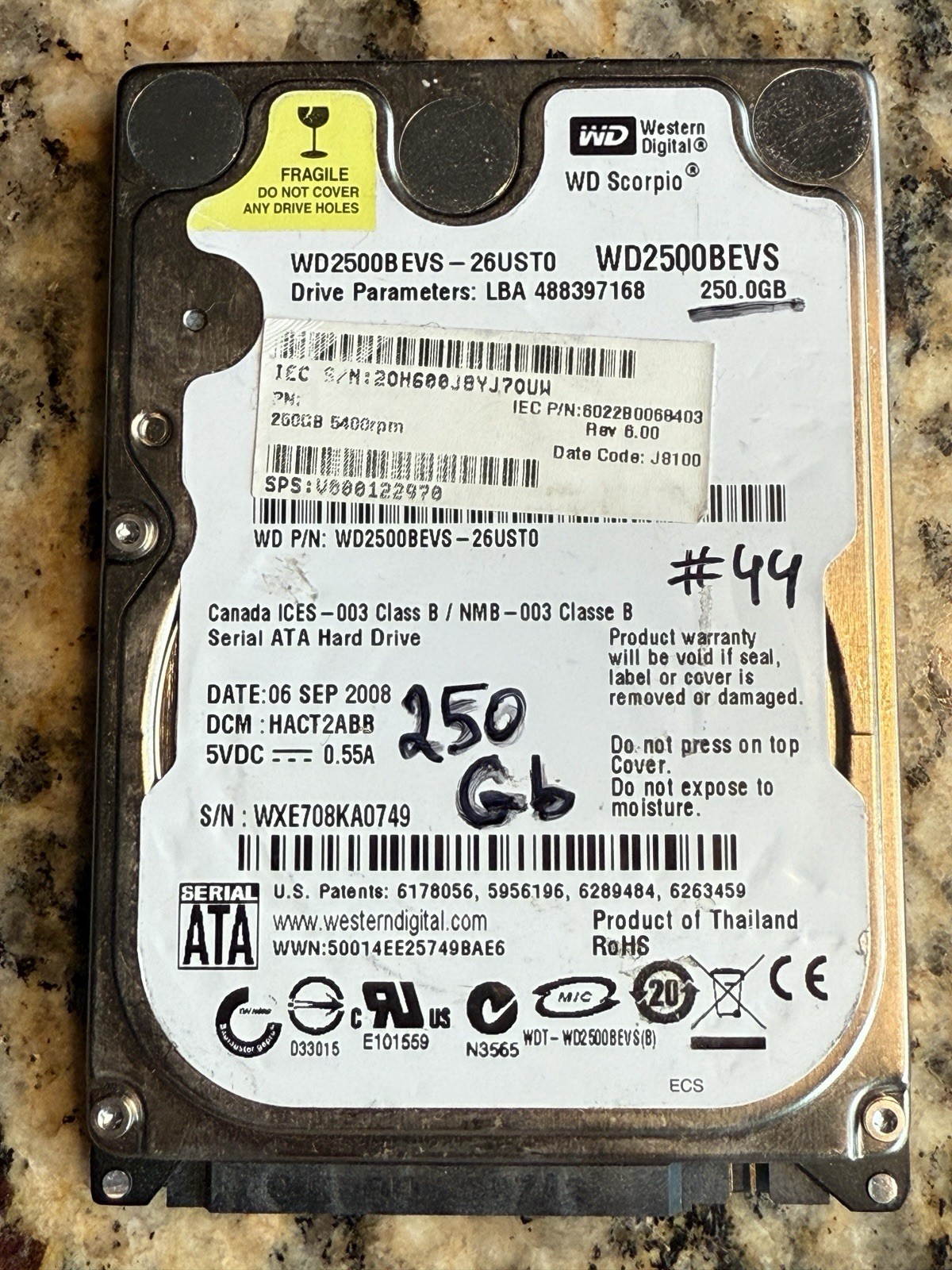 TESTED Western Digital Scorpio WD2500BEVS Laptop HDD 250GB WD2500BEVS-26USTO #44