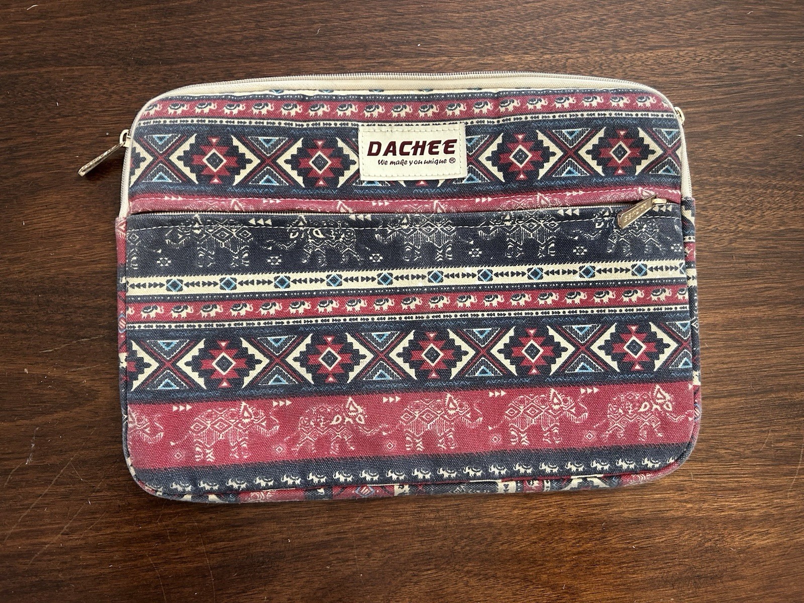 DACHEE Canvas Padded Laptop Sleeve Case 13 in Geometric Elephant Red Blue Beige
