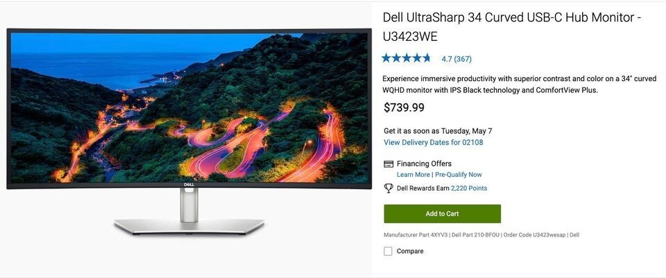 Dell UltraSharp U3423WE 32 in WQHD Curved Screen LCD Monitor