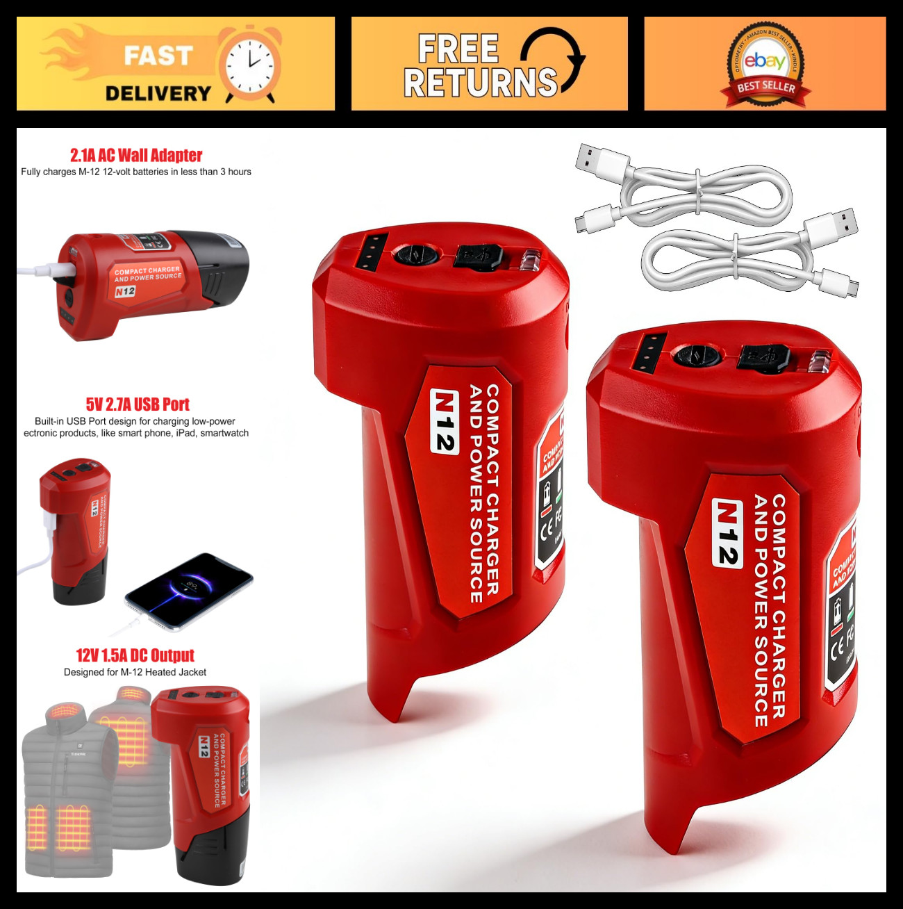 12V USB Adapter Replacement for Heated Jackets & 12V Batteries - 2 Pack