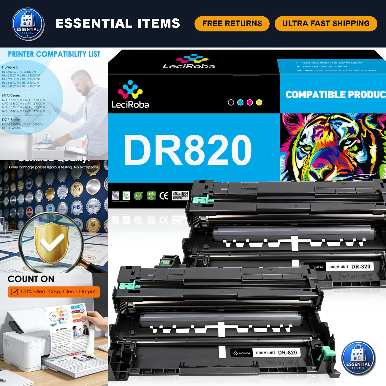 2-Pack DR-820 Drum Unit Replacement for Brother Printers - High Yield, Quality P