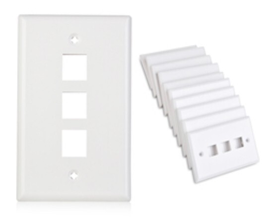 10-Pack Low Profile 3-Port Keystone Jack Wall Plate in White Cat5e Cat6 HDMI BNC