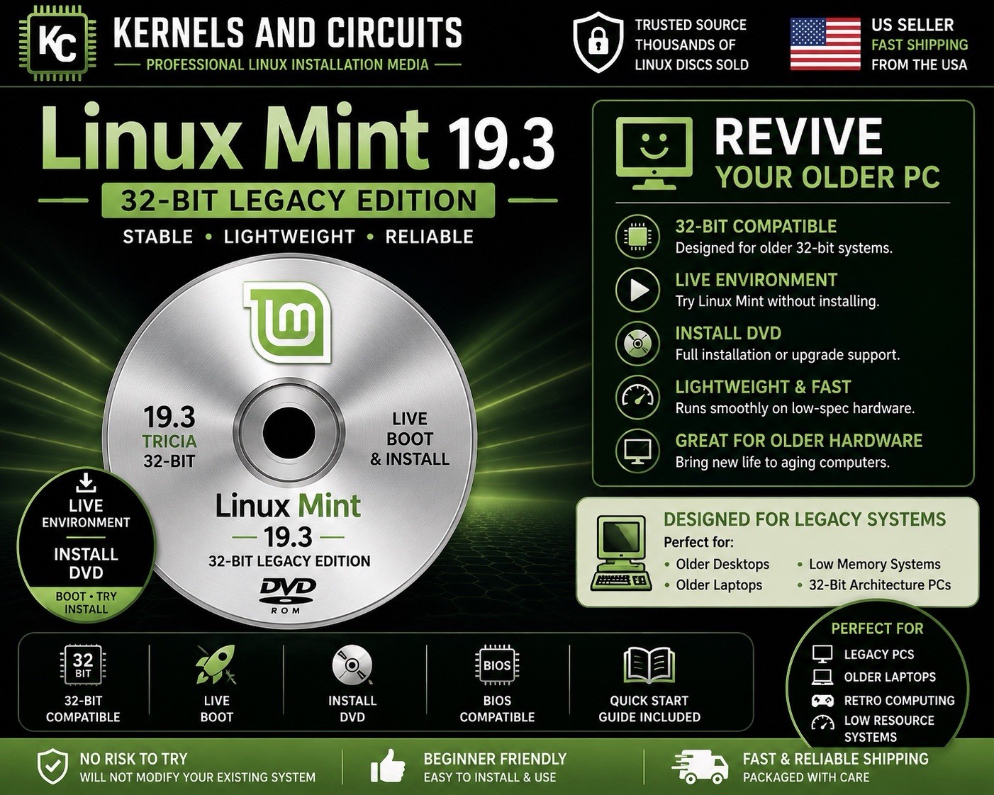 Linux Mint 19.3 32-Bit DVD Live Boot Install Disc for Older Legacy PC Revival