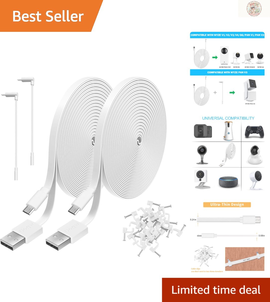 Durable 20FT Micro USB Extension Cable for Wyze, Nest, Amazon Cameras - 2 Pack