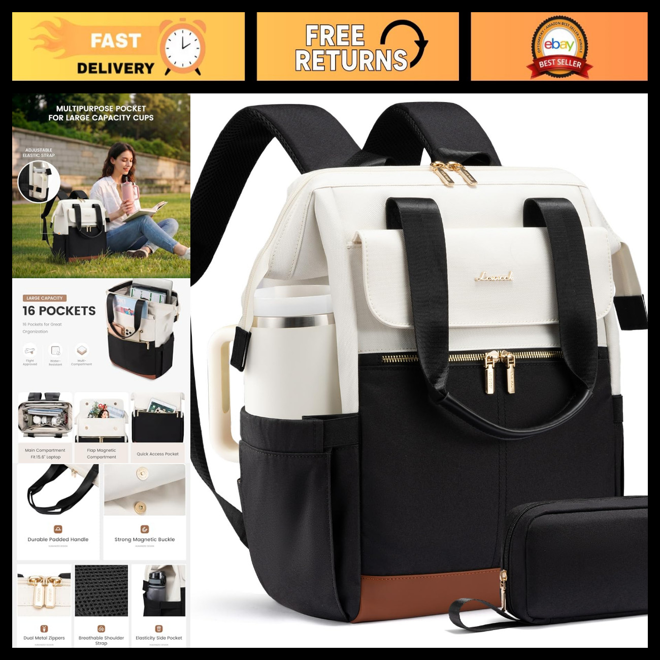 Stylish 15.6" Laptop Backpack for Women, USB Port, Waterproof Travel Bag, 2PCS