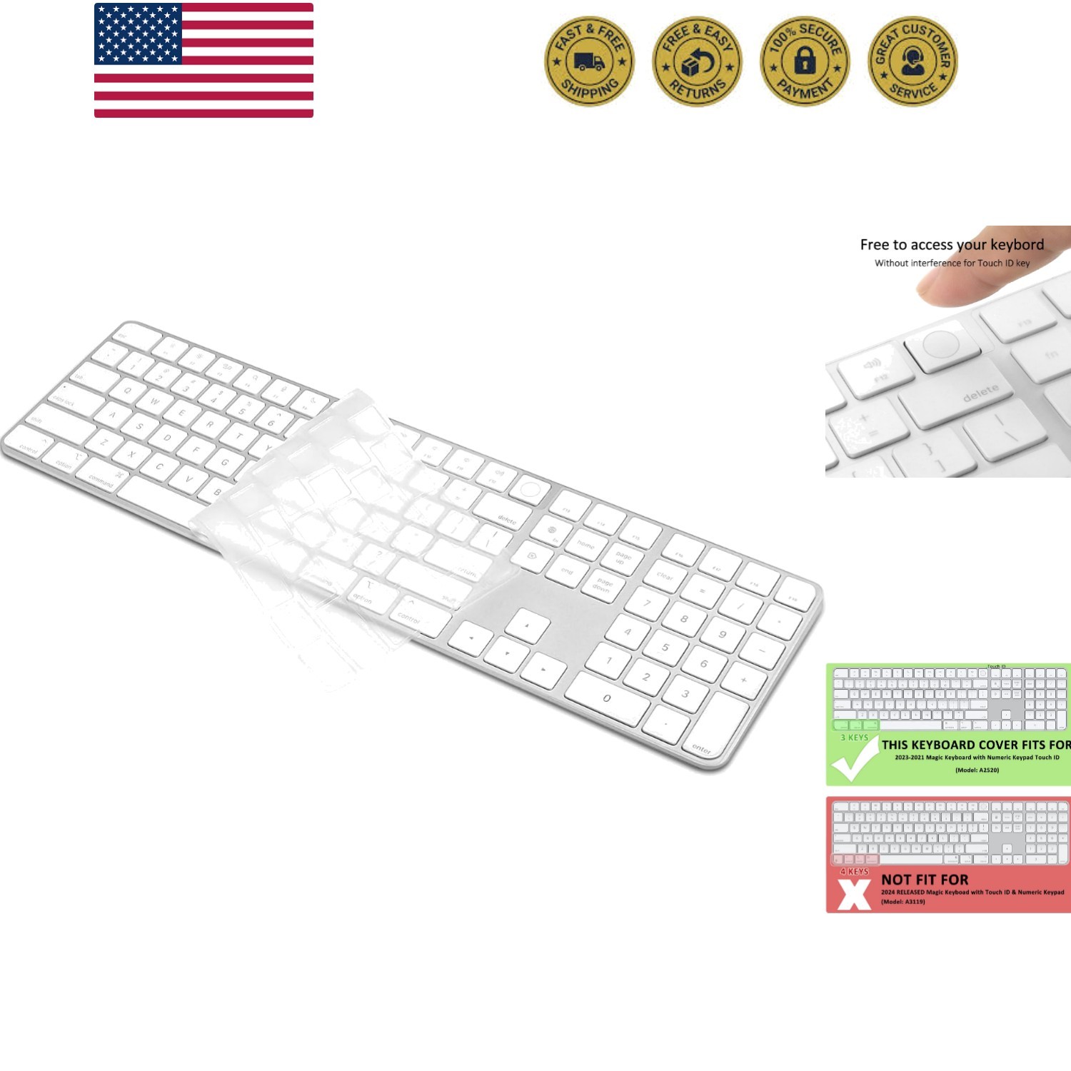 Keyboard Cover Skin for 2023-2021 Magic Keyboard with Touch ID and Numeric Ke...