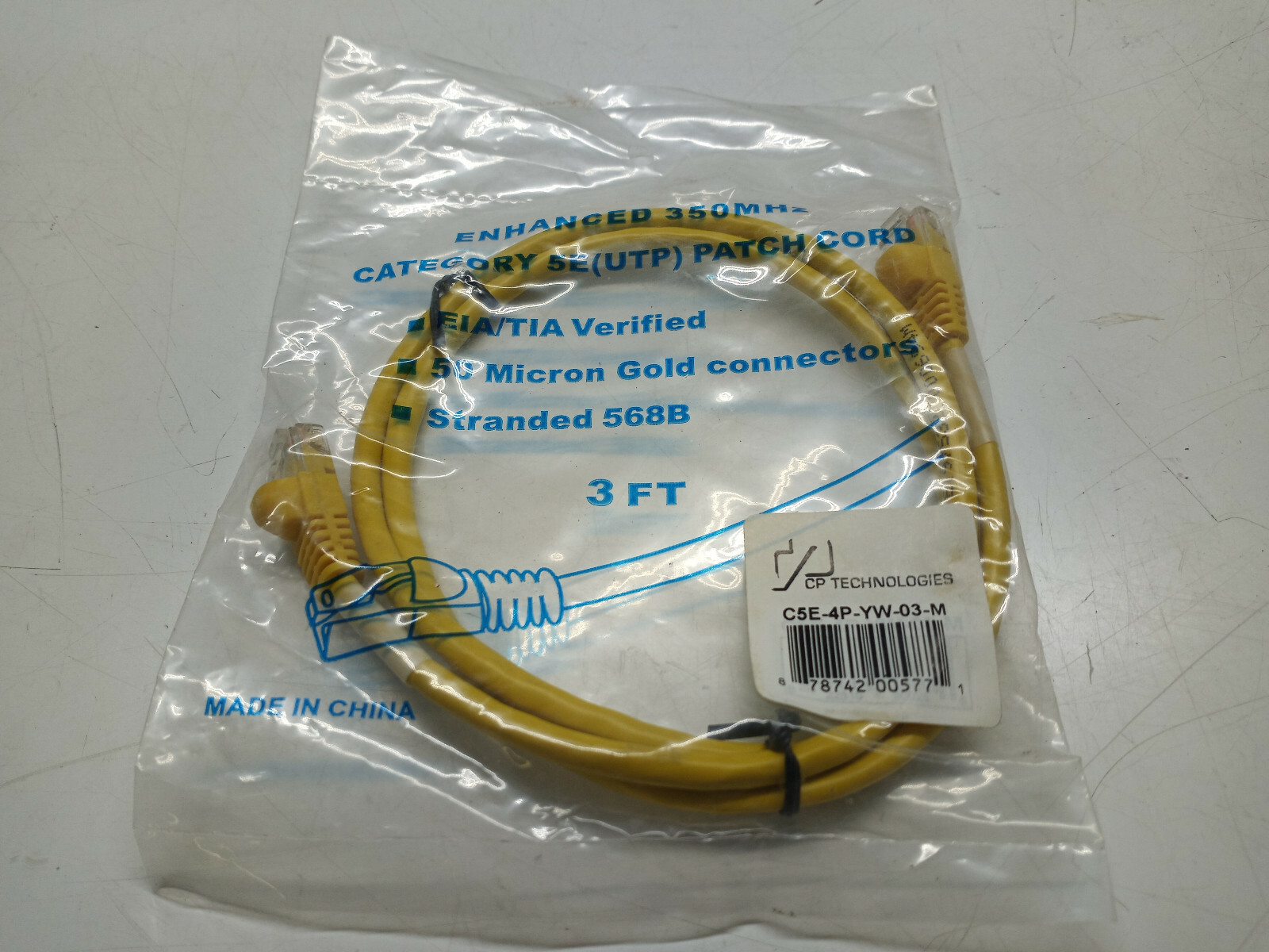 CP Technologies Ethernet Cable 3ft. Yellow C5E-4P-YW-03-M 5E UTP Enhanced 350Mhz