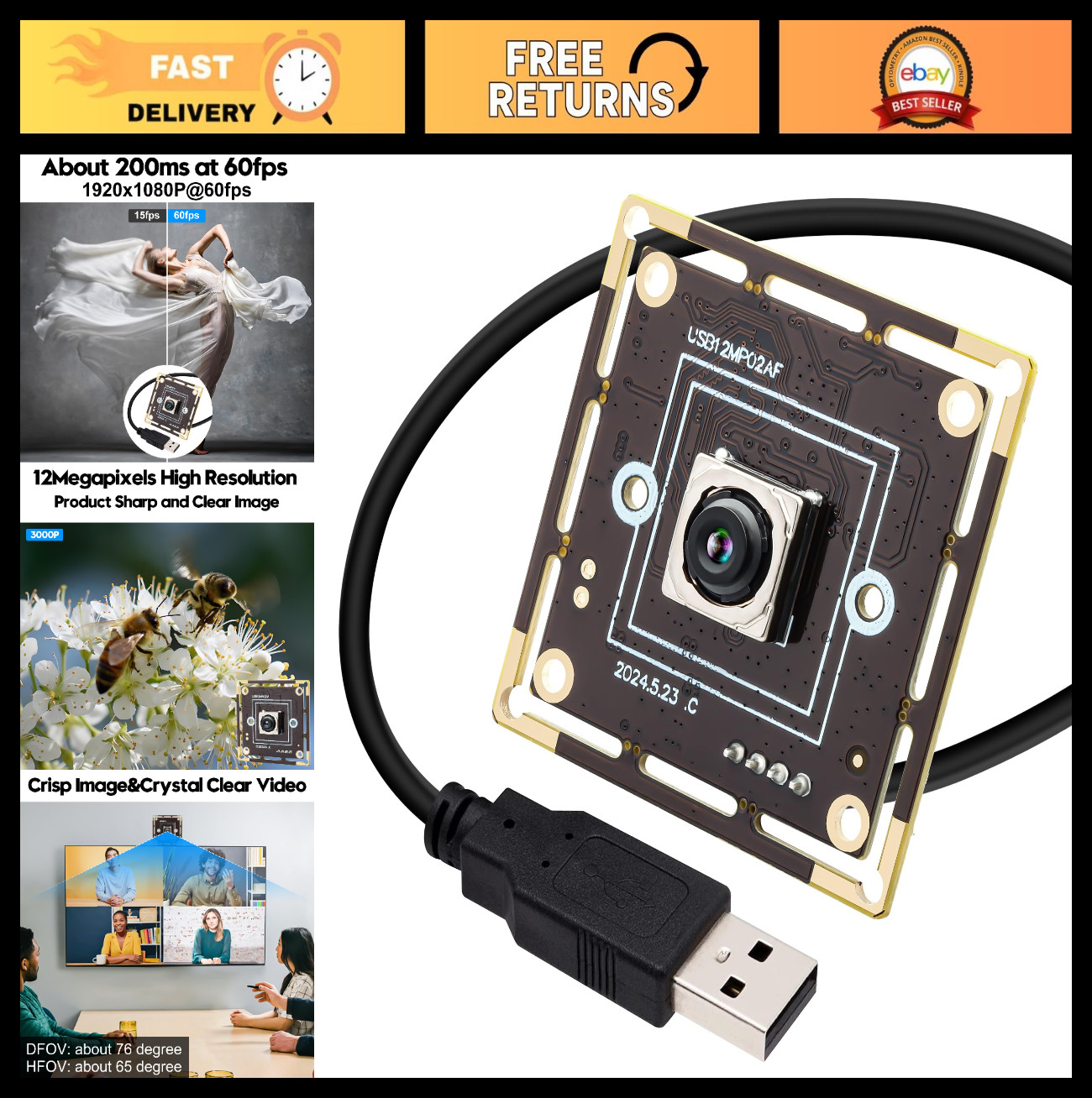 12MP USB Camera Module, 4K Webcam, Fast Autofocus, 1080P 60fps, Plug & Play for