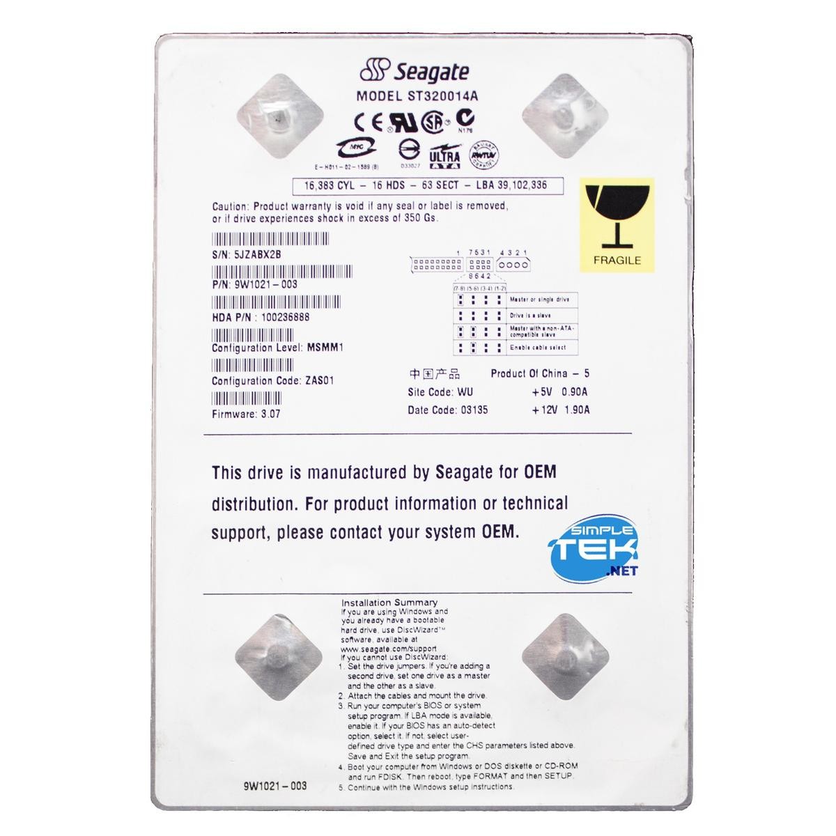 Seagate ST320014A 20GB IDE PATA EIDE 3.5" Hard Disk HDD Windows 95 98 2000 XP
