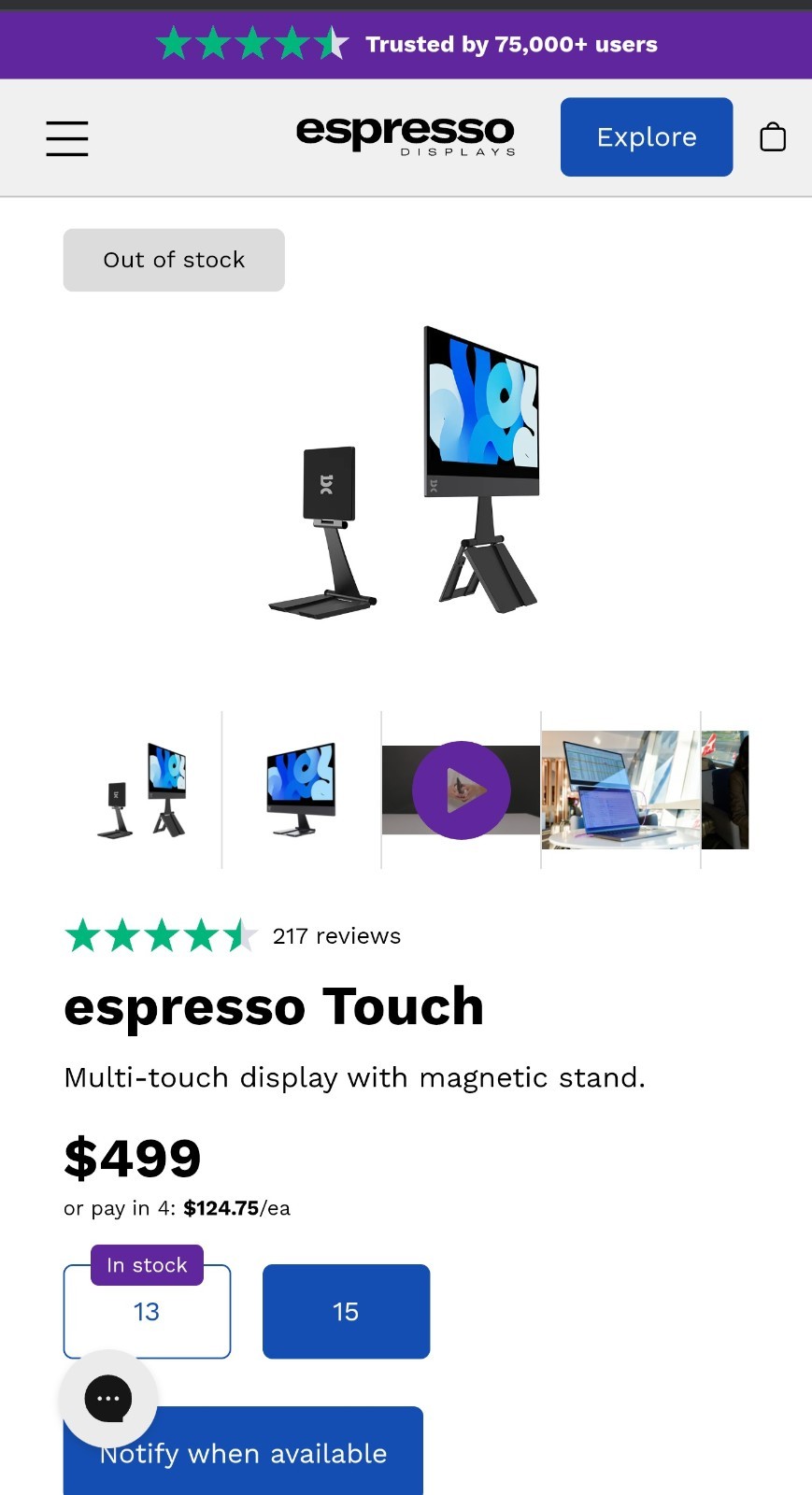 Espresso Display 15 Touch With Magnetic Stand Brand NEW