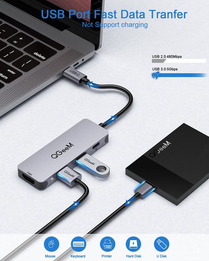 GRAY - QGEEM USB C HUB, QGEEM 4-IN-1 USB C TO HDMI ADAPTER WITH 4K@30HZ,100W