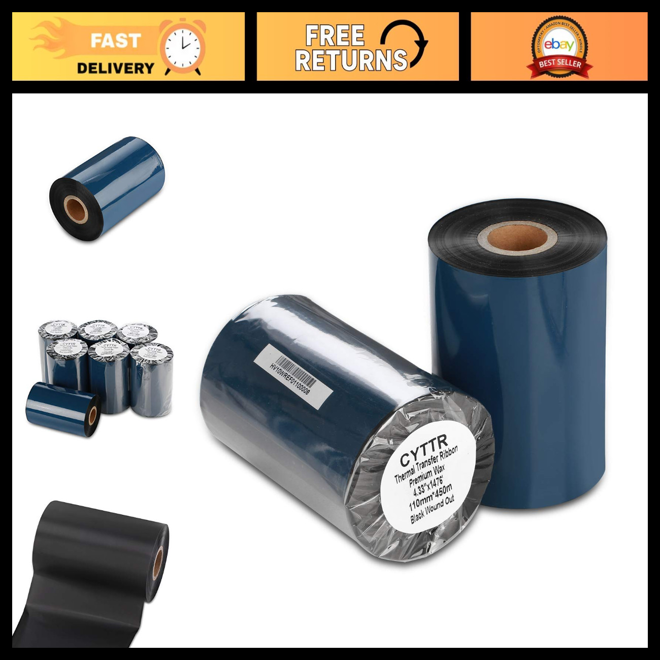 Premium Thermal Transfer Ribbon - Wax Printer Ink 1" Core 4.33" x 1476' for Zebr