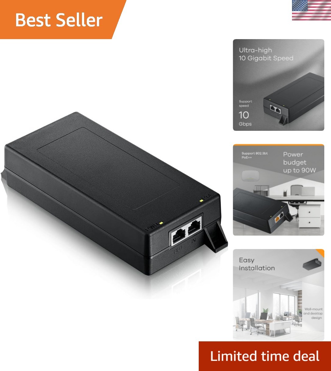 High-Performance 10G PoE++ Injector 802.3bt - Power Your Devices with 90W