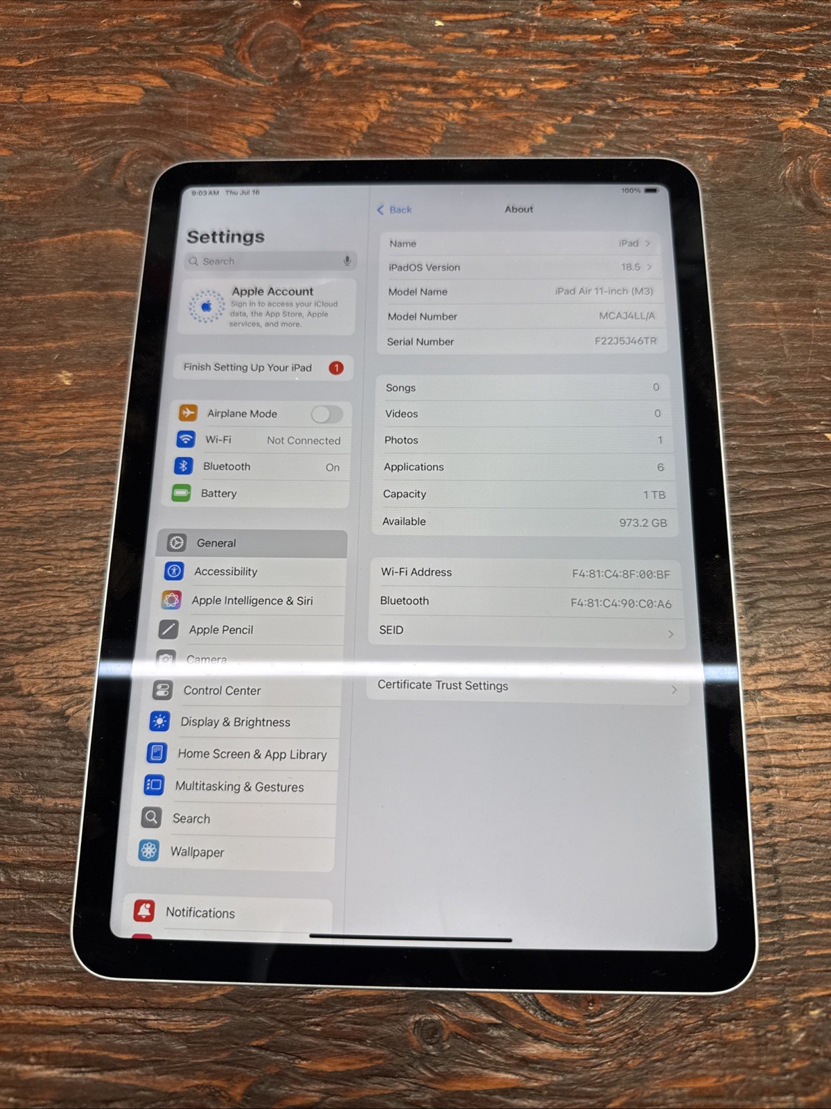 2025 Apple iPad Air 11" 1TB M3 Wi-Fi MCAJ4LL/A 100% Battery Only 3 Cycles