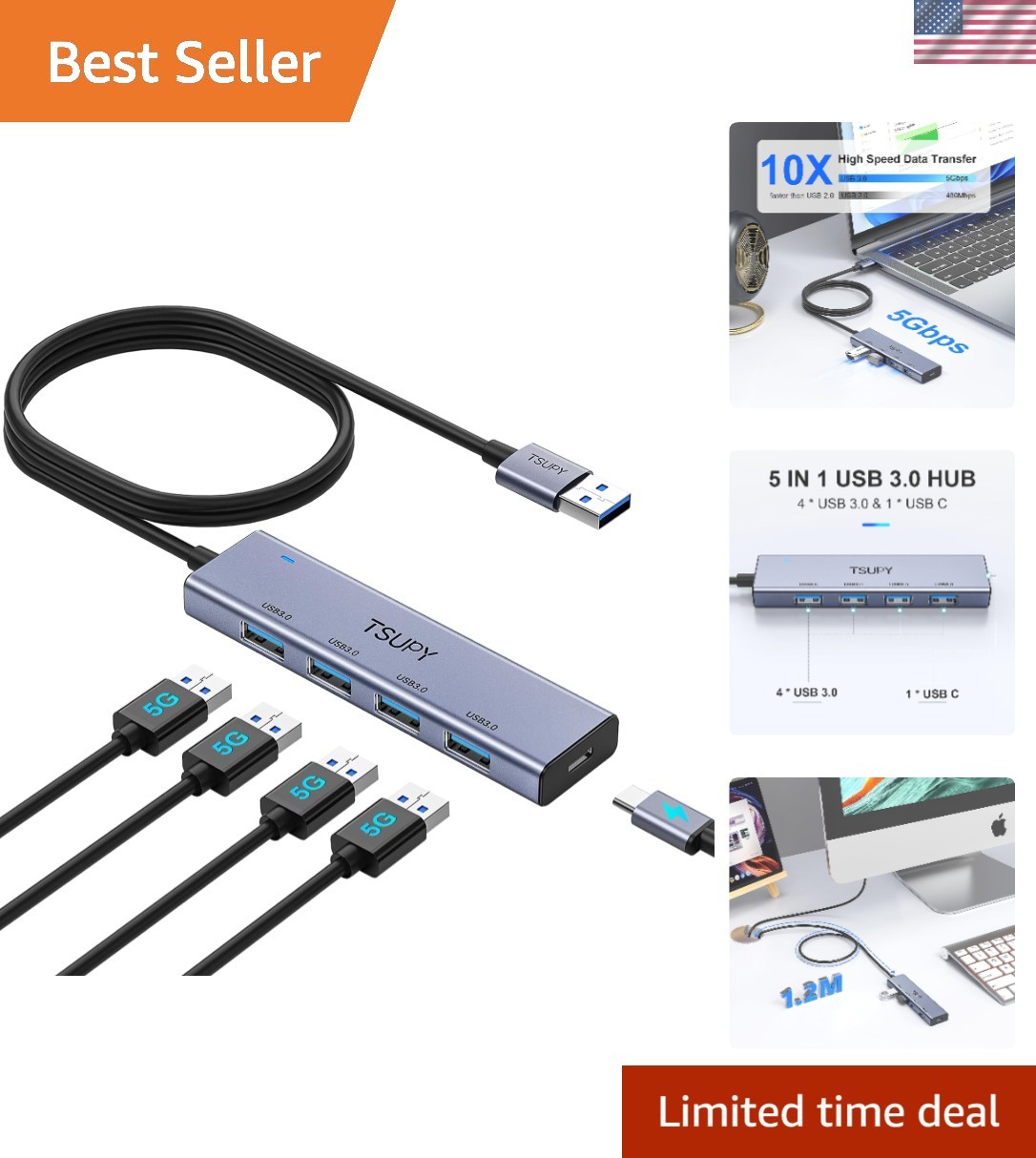 Brand New USB 3.0 Hub 5 Ports Aluminium
