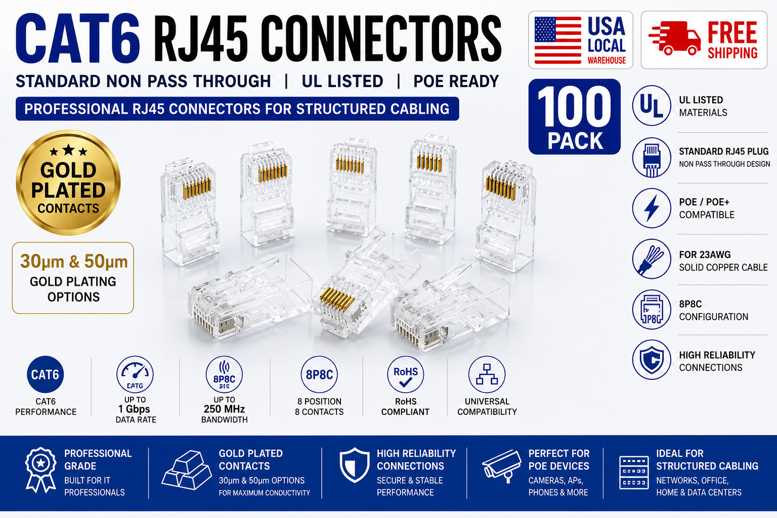 Cat6 RJ45 Plugs 30-50µ Gold Plated Non Pass Through PoE ready 23AWG 100pcs