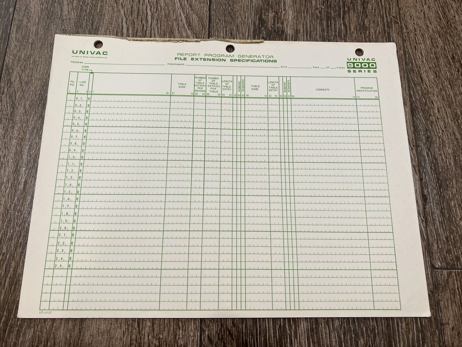 RARE Vintage 1960\'s UNIVAC 9000 Sperry Rand Report Program Generator Form Book