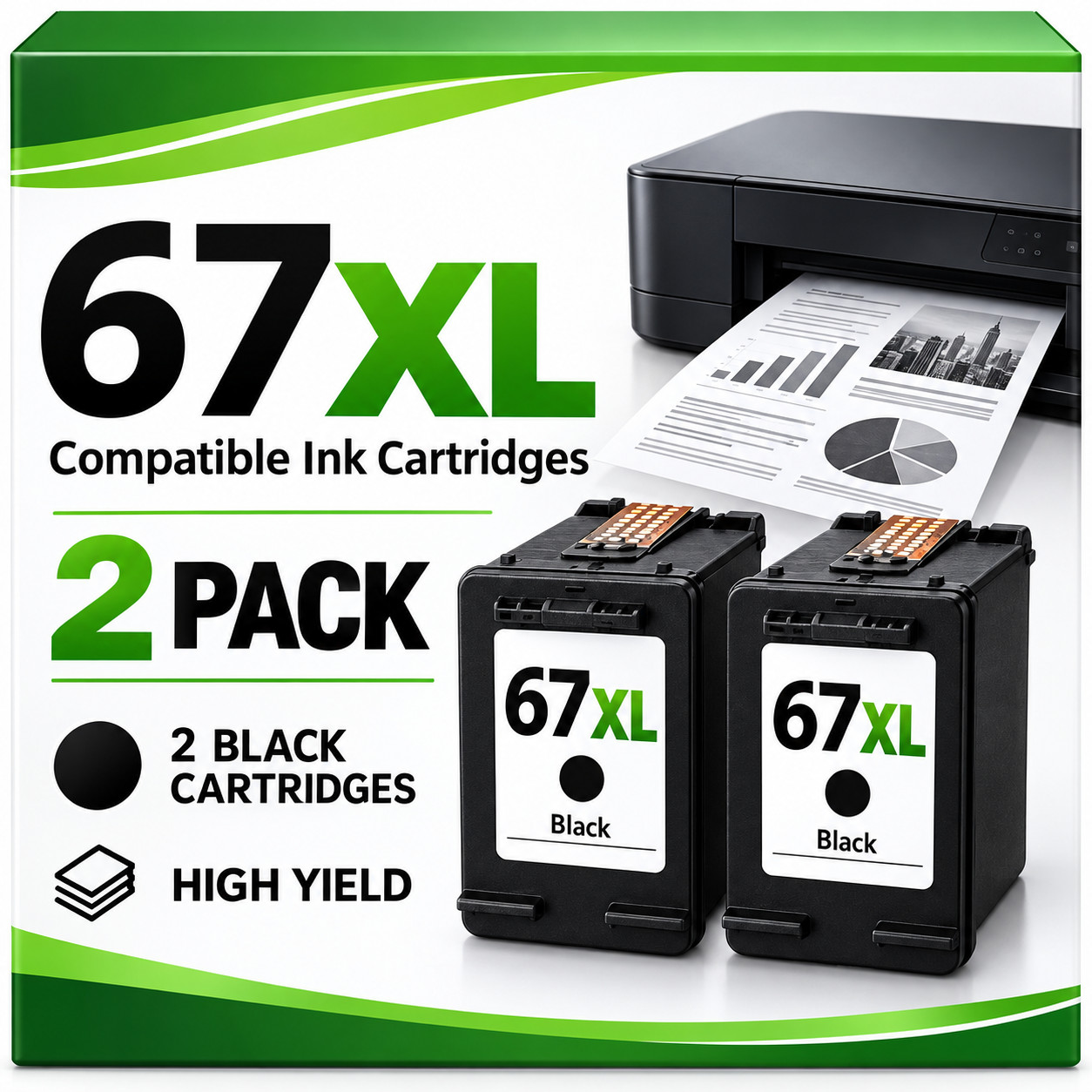 2PK 67XL Ink Cartridge Black For HP ink 67 DeskJet 2700 2755 4155 Envy 6055 6455