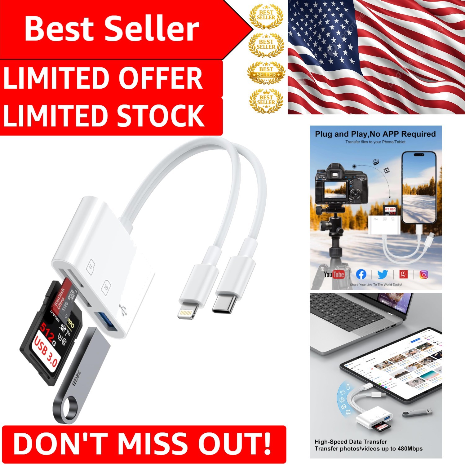 Versatile 3-in-1 SD Card Reader for Quick Transfer on iOS and Android Devices