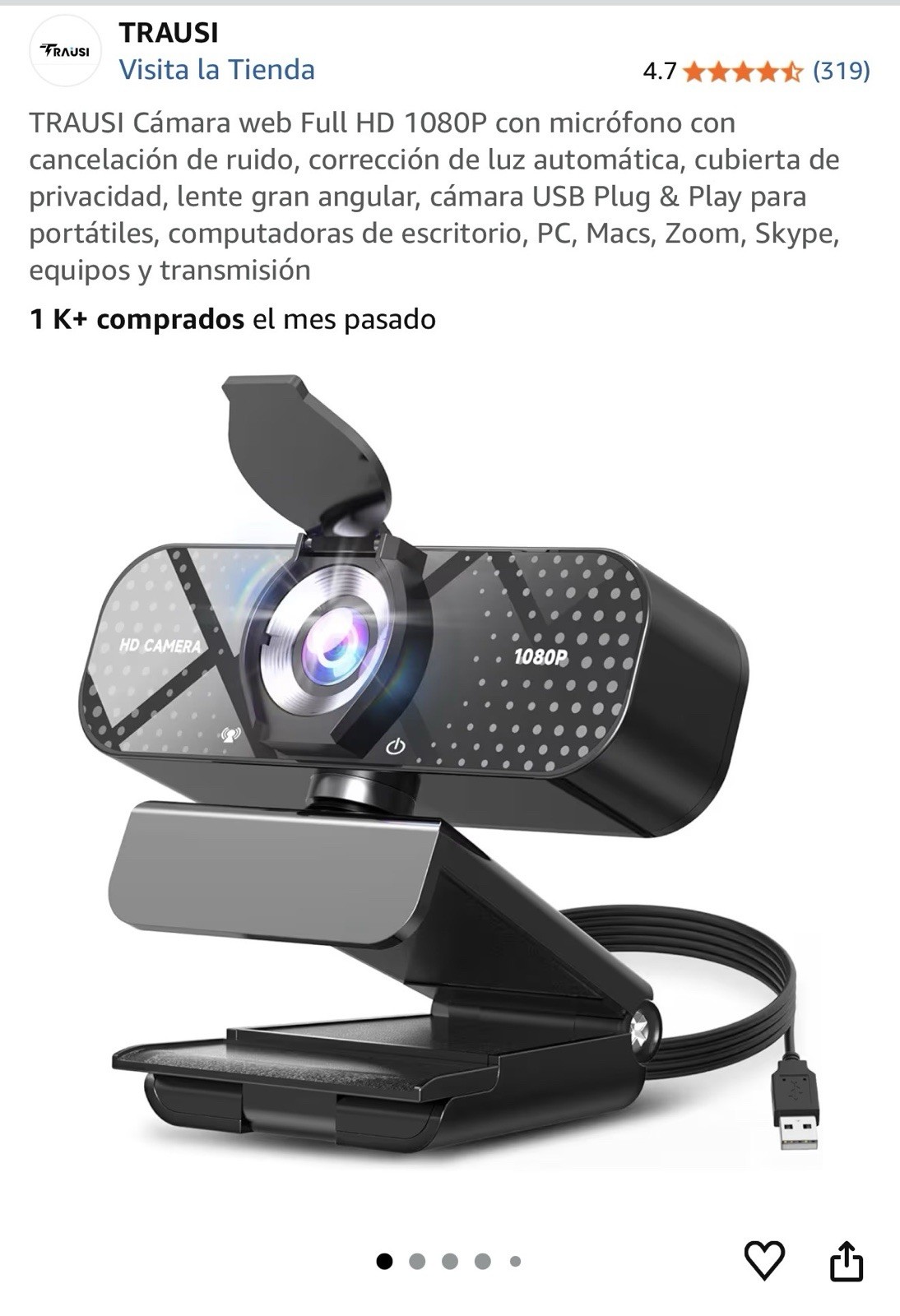 TRAUSI Full HD 1080P USB Webcam Black, Microphone, Privacy Cover